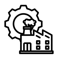 Ikonka przedstawia fabrykę, za nią znajduje się koło zębate.