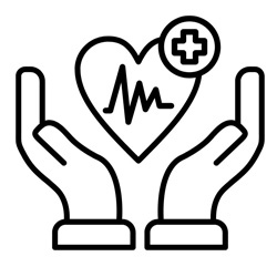 Ikonka przedstawia dwie rozłożone ręce. Pomiędzy nimi jest serce, w które wpisana jest linia przedstawiająca pracę serca. Na tym sercu w orawym górnym rogu dodatkowo nałożony jest symbol "+" wpisany w okrąg.