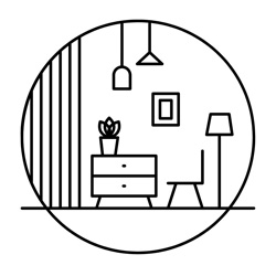 Ikonka przedstawia fragment wnętrza mieszkania lub domu. Widoczne są dwie wiszące lampy sufitowe oraz jedna stojąca. Na ścianie są linie imitujące lamele oraz obrazek. Na środku znajduje się szafka z dwiema szufladami na ktorej stoi kwiatek. Obok stoi krzesło zwrócone przodem do szafki.