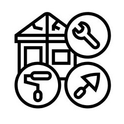 Ikonka przedstawia dom wymagający remontu. Obok niego rozmieszczone są trzy okręgi, w które wrysowane są kolejno od prawej góry, klucz do napraw, kielnia oraz wałek malarski.