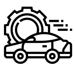 Ikonka przedstawia samochód postawiony bokiem. Za nim znajduje się ogromne koło zębate.