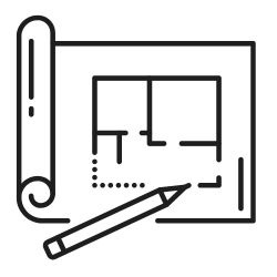 Zdjęcie przedstawia zrolowany arkusz papieru, na którym wrysowany jest plan domu. Przy jednej ze ścian wciąż znajduje się ołówek.